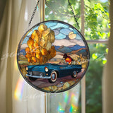 Vintage Car Suncatcher: Autumn Landscape, Retro Glass Art Window Decor