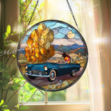 Vintage Car Suncatcher: Autumn Landscape, Retro Glass Art Window Decor