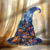 Witch Hat Acrylic Suncatcher, Halloween Haunted House with Pumpkins Window Hanging, Spooky Stained Glass Style Holiday Home Decor Gift