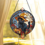 Black Cat Witch Stained Glass Suncatcher, Halloween Pumpkin and Mushroom Round Window Panel, Autumn Gothic Home Decor