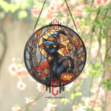 Black Cat Witch Stained Glass Suncatcher, Halloween Pumpkin and Mushroom Round Window Panel, Autumn Gothic Home Decor