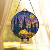 Camping Night Stained Glass Suncatcher, Round Starry Sky Forest Tent and Campfire Window Panel, Outdoor Adventure Home Decor