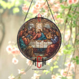 Last Supper Stained Glass Suncatcher, Round Religious Window Panel with Jesus and Apostles, Christian Home and Church Decor