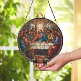 Last Supper Stained Glass Suncatcher, Round Religious Window Panel with Jesus and Apostles, Christian Home and Church Decor