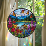 Butterfly Meadow Suncatcher: Wildflower Lake Scene Window Panel