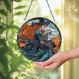 Witch & Skeleton Stained Glass Suncatcher: Gothic Halloween Decor