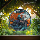 Witch & Skeleton Stained Glass Suncatcher: Gothic Halloween Decor