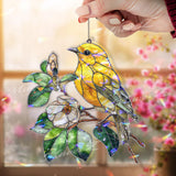 Yellow Bird Acrylic Suncatcher, Songbird on Branch with White Flower Window Hanging, Nature Inspired Stained Glass Style Home Decor Gift