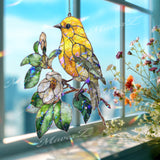 Yellow Bird Acrylic Suncatcher, Songbird on Branch with White Flower Window Hanging, Nature Inspired Stained Glass Style Home Decor Gift