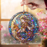 Goddess Acrylic Suncatcher, Round Mythical Woman with Bow and Deer Window Hanging, Fantasy Stained Glass Style Art Nouveau Home Decor Gift