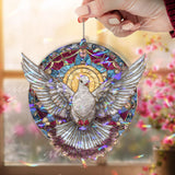 Dove Acrylic Suncatcher, Round White Bird with Radiant Halo Window Hanging, Peaceful Stained Glass Style Christian Home Decor Gift