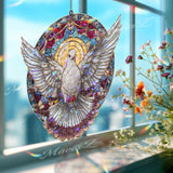 Dove Acrylic Suncatcher, Round White Bird with Radiant Halo Window Hanging, Peaceful Stained Glass Style Christian Home Decor Gift