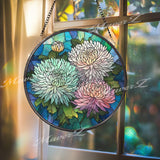 Chrysanthemum Stained Glass Suncatcher, Round Colorful Floral Window Panel with Blooming Flowers, Nature Inspired Home Decor Gift