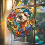 Ferret Stained Glass Suncatcher, Round Window Panel with Colorful Flowers and Cute Animal, Nature Inspired Garden Lover Home Decor Gift