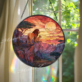 Lion Stained Glass Suncatcher, Round African Safari Sunset Window Panel with Lion and Cub, Wildlife Nature Inspired Home Decor Gift