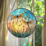 Dragonfly Stained Glass Suncatcher, Round Sunset Meadow Window Panel with Colorful Insects and Wildflowers, Nature Inspired Home Decor