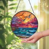 Seagull Stained Glass Suncatcher, Round Ocean Sunset Window Panel with Waves and Pier, Coastal Beach House Nautical Home Decor Gift