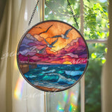Seagull Stained Glass Suncatcher, Round Ocean Sunset Window Panel with Waves and Pier, Coastal Beach House Nautical Home Decor Gift