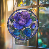 Purple Rose Stained Glass Suncatcher, Round Floral Window Panel with Blooming Flower and Buds, Elegant Nature Inspired Home Decor Gift