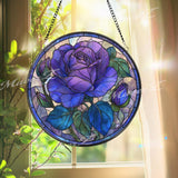 Purple Rose Stained Glass Suncatcher, Round Floral Window Panel with Blooming Flower and Buds, Elegant Nature Inspired Home Decor Gift