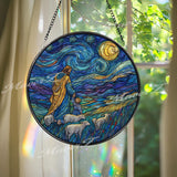 Jesus Stained Glass Suncatcher, Round Starry Night Window Panel with Child and Sheep, Christian Religious Faith Inspired Home Decor Gift