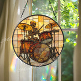 Skeleton Drummer Stained Glass Suncatcher, Round Musician Window Panel with Drum Kit, Gothic Rock Band Inspired Home Decor Gift