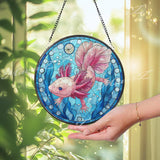 Axolotl Stained Glass Suncatcher, Round Pink Salamander Window Panel with Blue Water Plants, Unique Aquatic Animal Home Decor Gift