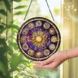 Zodiac Sun Stained Glass Suncatcher, Round Astrology Constellation Window Panel, Celestial Horoscope Home Decor Gift