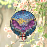 Purple Bat Stained Glass Suncatcher, Round Mountain Night Sky Window Panel, Gothic Wildlife Glass Art for Halloween and Nature Decor