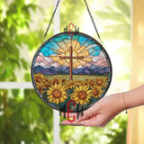 Christian Cross and Sunflowers Stained Glass Suncatcher, Round Sunrise Mountain Window Panel, Faith and Nature Glass Art Home Decor