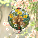 Bear and Cub Stained Glass Suncatcher, Round Floral Window Panel with Yellow and White Wildflowers, Wildlife Nature Glass Art Decor