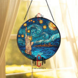 Statue of Liberty Starry Night Stained Glass Suncatcher, Round NYC Skyline Window Panel, Travel Cityscape Glass Art Decor for Home Lovers