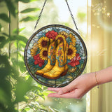 Cowgirl Boots Suncatcher: Sunflower Stained Glass Window Decor