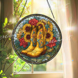 Cowgirl Boots Suncatcher: Sunflower Stained Glass Window Decor