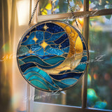 Crescent Moon & Waves Stained Glass Suncatcher: Celestial Ocean Window Decor