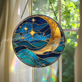 Crescent Moon & Waves Stained Glass Suncatcher: Celestial Ocean Window Decor