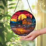 Cabin at Sunset Stained Glass Suncatcher: Lakeside Log Home Decor