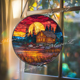 Cabin at Sunset Stained Glass Suncatcher: Lakeside Log Home Decor