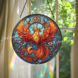 Phoenix Stained Glass Suncatcher, Round Fiery Bird Window Panel, Mythical Firebird Sun Catcher, Spiritual Rising From Ashes Home Decor Gift