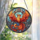 Phoenix Stained Glass Suncatcher, Round Fiery Bird Window Panel, Mythical Firebird Sun Catcher, Spiritual Rising From Ashes Home Decor Gift