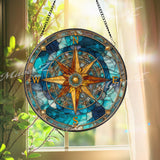 Compass Rose Stained Glass Suncatcher, Round Nautical Window Panel, Ocean Blue Windrose Glass Art, Coastal Home Decor Gift