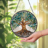 Tree of Life Stained Glass Suncatcher, Round Window Panel with Roots and Branches, Nature Spiritual Home Decor, Symbolic Glass Gift