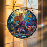 Mermaid Stained Glass Suncatcher, Round Ocean Underwater Fantasy Window Panel with Coral Reef and Fish, Nautical Home Decor