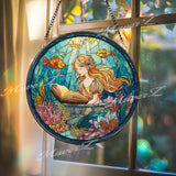 Mermaid Reading Stained Glass Suncatcher, Round Underwater Fantasy Window Panel with Coral Reef and Fish, Nautical Ocean Decor