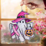 Ghost Acrylic Suncatcher with Pink Ribbon and Witch Hat, Halloween Breast Cancer Awareness Window Hanging, Pumpkin Jack Decor Gift