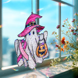 Ghost Acrylic Suncatcher with Pink Ribbon and Witch Hat, Halloween Breast Cancer Awareness Window Hanging, Pumpkin Jack Decor Gift