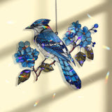 Blue Jay Acrylic Suncatcher with Blue Flowers, Colorful Bird Window Hanging, Nature Inspired Acrylic Window Decor Gift for Bird Lovers
