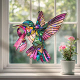Hummingbird Acrylic Suncatcher with Pink Ribbon, Colorful Acrylic Stained Glass Style Window Hanging, Breast Cancer Awareness Gift