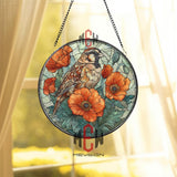 Sparrow Stained Glass Suncatcher, Round Brown Bird with Orange Poppies Window Panel, Nature Inspired Floral Garden Lover Home Decor Gift