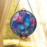 Butterfly Stained Glass Suncatcher, Round Blue Butterfly with Pink and Purple Flowers Window Panel, Nature Garden Lover Home Decor Gift